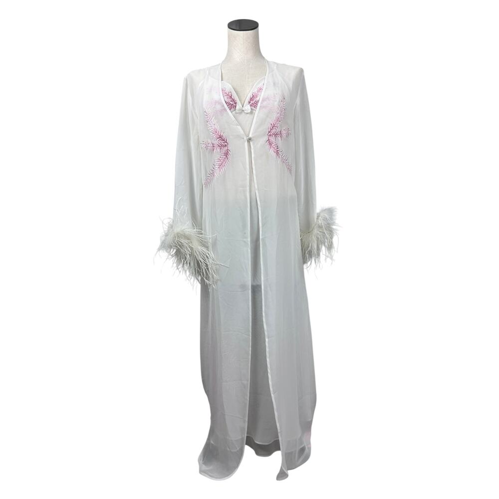 Y2K White 2 Pc Feather Trim Pink Embroidered Lingerie Slip Robe Boudoir Set